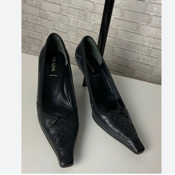 Prada 2003 archival low heel square toe pumps brogue heels leather shoes 38 - Picture 3 of 16